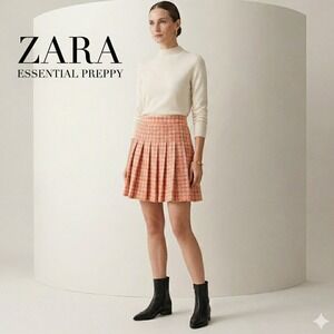 Zara Orange & White Tweed Plaid Pleated Mini Skirt Women's Size Small casual